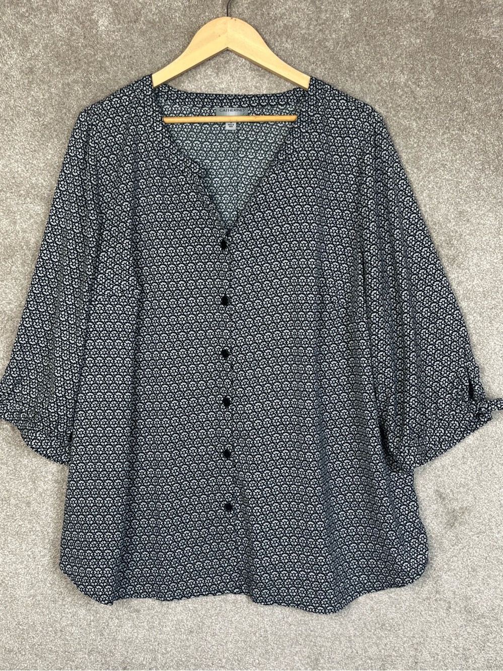 Catherines Shirt Womens 1X Black White 3/4 Sleeve Button Front Lightweight-5361